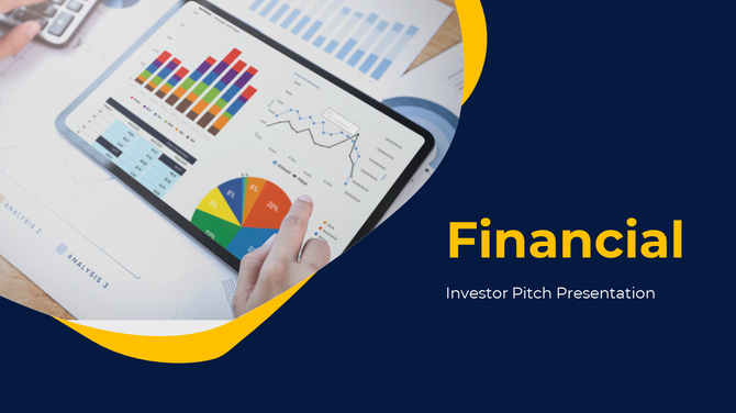 Financial investor pitch presentation deck from SlideEgg with vibrant charts and analytics displayed on the tablet.