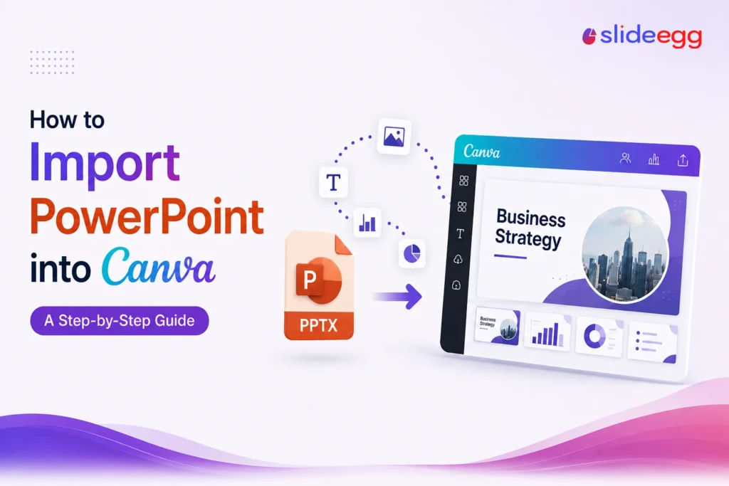 SlideEgg guide showing how to import a PowerPoint PPTX file into Canva for editing step by step