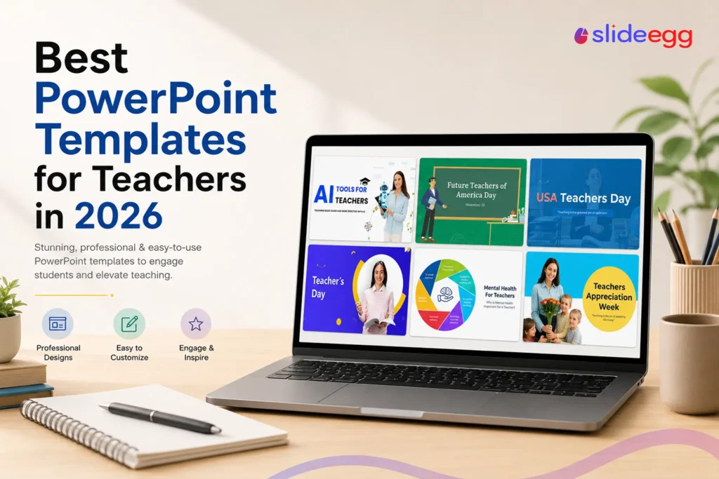 Laptop displaying PowerPoint templates for teachers beside notebooks and pencils for lesson planning in 2026.