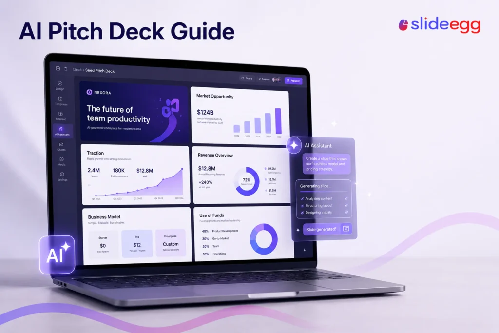 AI pitch deck guide showing automated slide creation, market data, traction, and financial charts