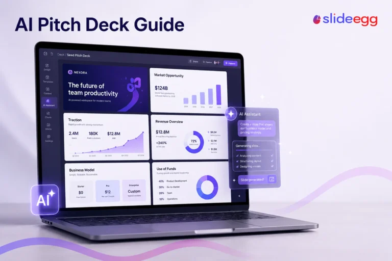 AI pitch deck guide showing automated slide creation, market data, traction, and financial charts