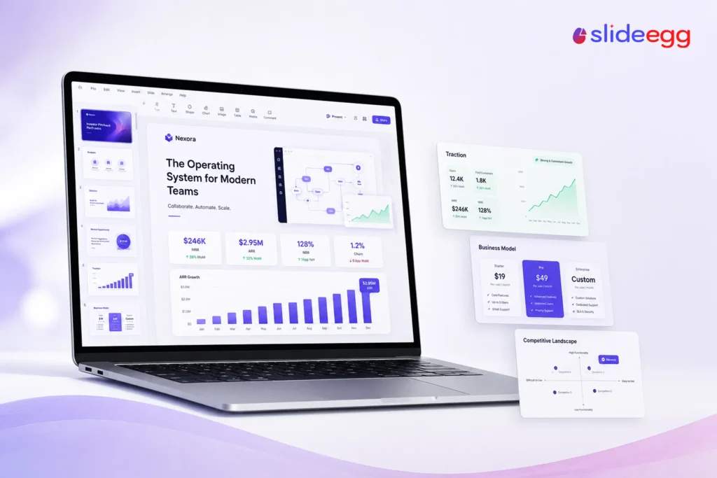 SaaS pitch deck guide showing traction, revenue, business model, and competitive analysis slides
