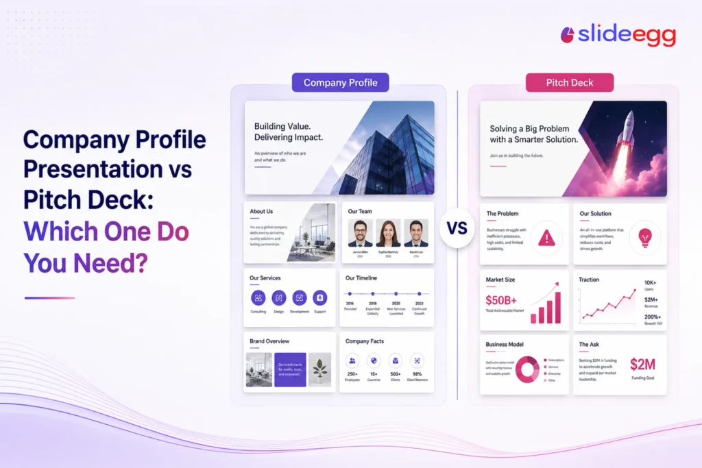 Company profile and pitch deck comparison with slides for teams, services, market size, traction, and funding.