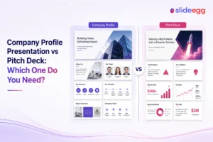 Company profile and pitch deck comparison with slides for teams, services, market size, traction, and funding.