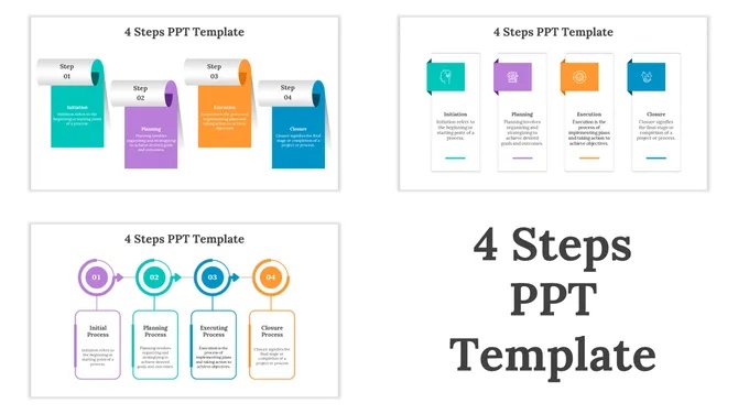 4 steps presentation template from SlideEgg showing initiation, planning, execution, and closure in colorful process layouts.