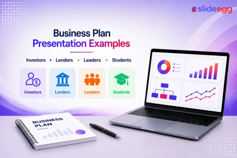 Business plan presentation examples banner with laptop, notebook, and audience icon cards displayed.
