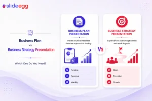 Business plan vs strategy presentation comparison with funding, approval, goals, and growth cards