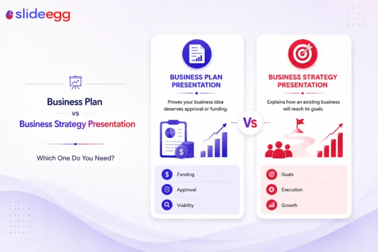 Business plan vs strategy presentation comparison with funding, approval, goals, and growth cards