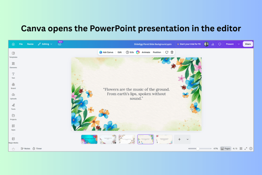 Canva editor showing an imported PowerPoint presentation opened for editing and customization