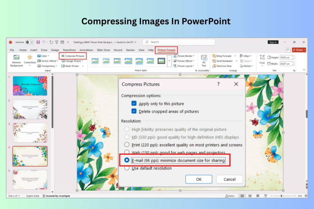 PowerPoint Compress Pictures dialog showing image resolution options to reduce presentation file size