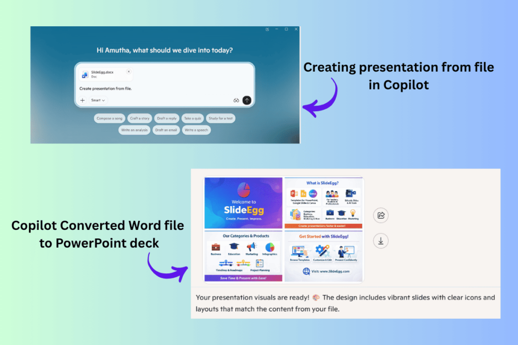 Microsoft Copilot creating a PowerPoint presentation from an uploaded Word document file