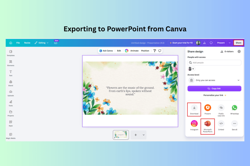 Canva Share panel showing the Microsoft PowerPoint option for exporting a presentation as PPTX