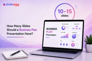 Business plan slide count banner with laptop mockup, 10–15 slides badge, notebook, and plant