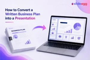 Business plan pages turning into a laptop presentation deck with charts and purple arrow