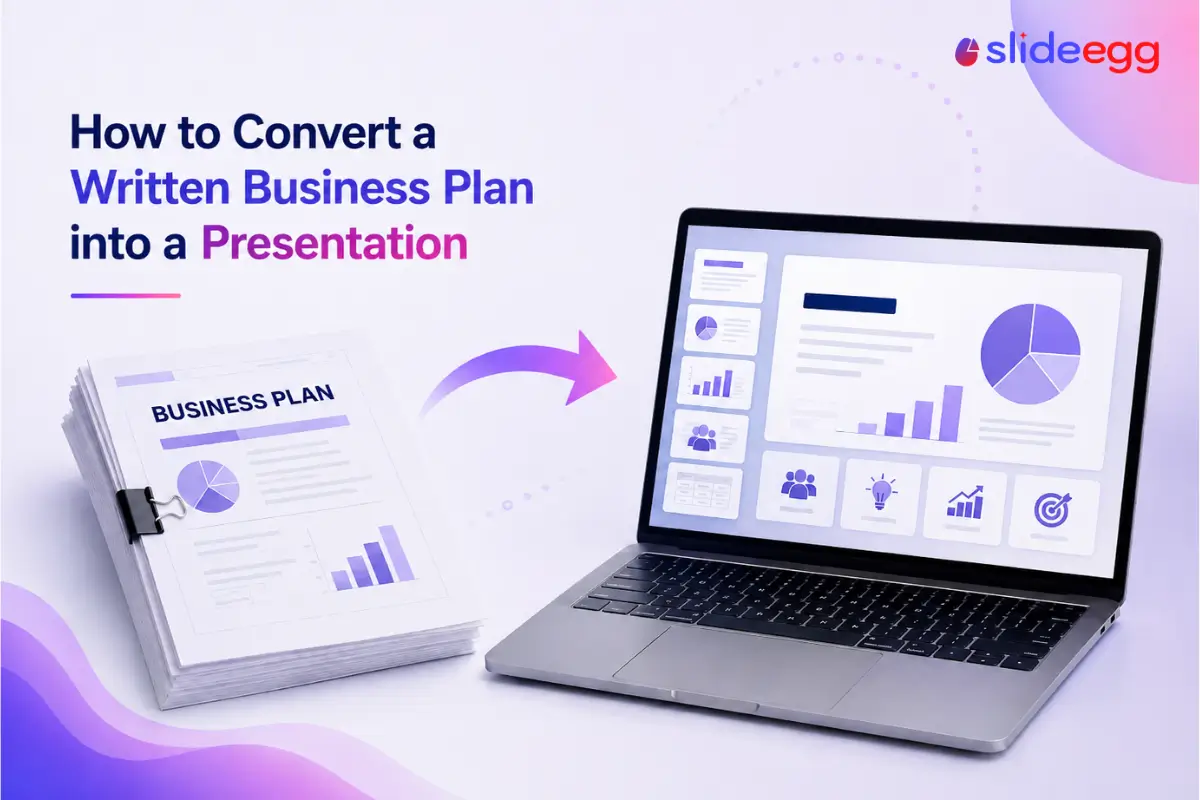 Business plan pages turning into a laptop presentation deck with charts and purple arrow