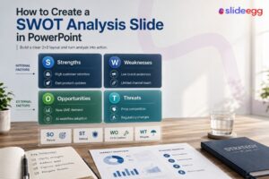 SWOT analysis slide on a desk showing strengths, weaknesses, opportunities, threats, and strategy actions from SlideEgg