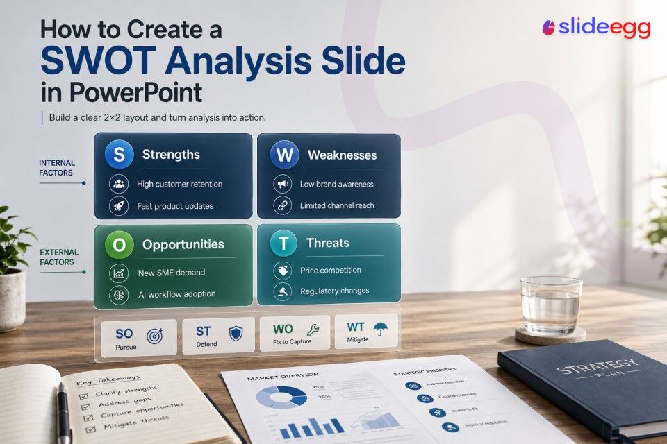 SWOT analysis slide on a desk showing strengths, weaknesses, opportunities, threats, and strategy actions from SlideEgg