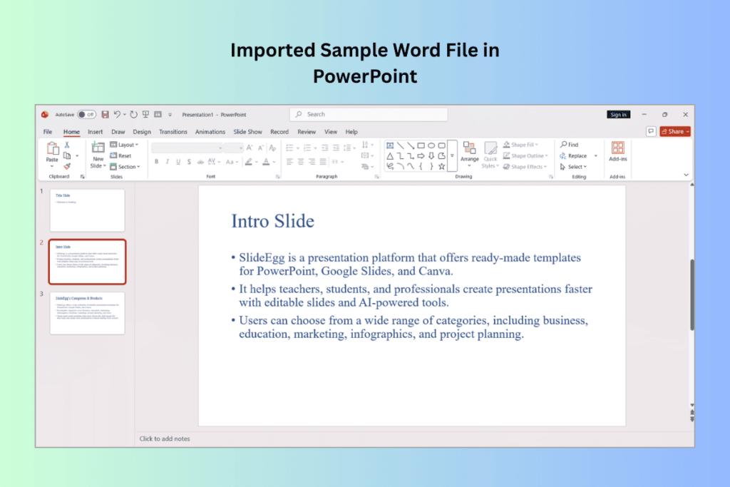 Imported Word document content displayed as slides in a PowerPoint presentation