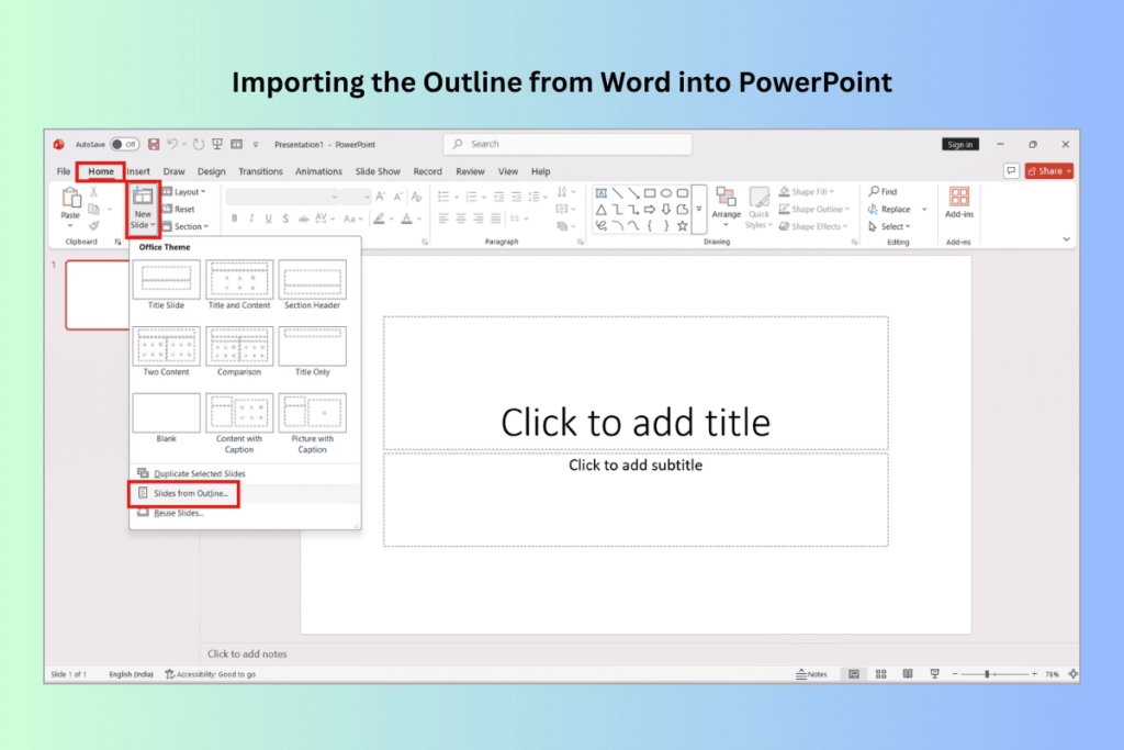 PowerPoint Slides from Outline option used to import a structured Word document