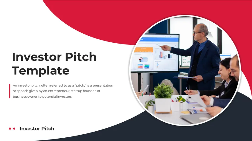 Investor pitch template from SlideEgg showing a business presenter explaining charts to investors