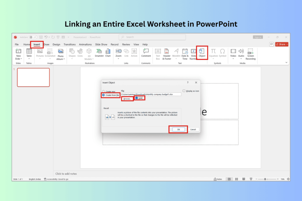 PowerPoint Insert Object dialog showing how to link an entire Excel worksheet to a slide