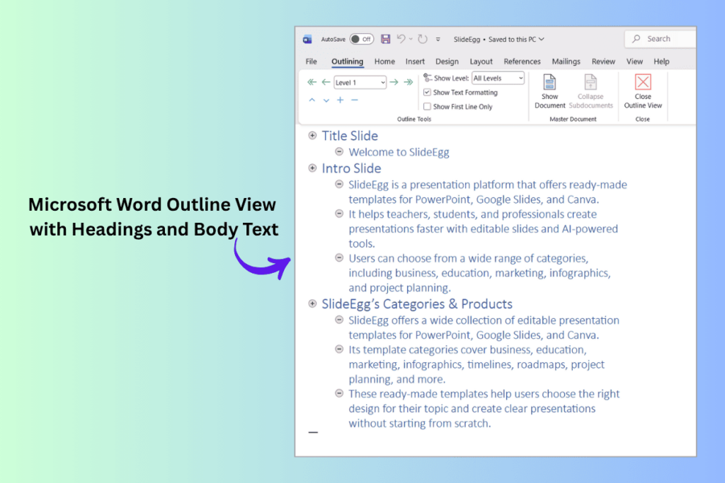 Microsoft Word Outline View showing headings and body text structure for PowerPoint conversion