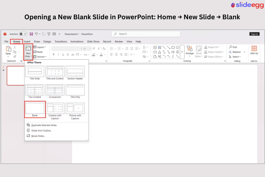 PowerPoint Home menu showing New Slide and Blank layout selected to start a SWOT analysis slide