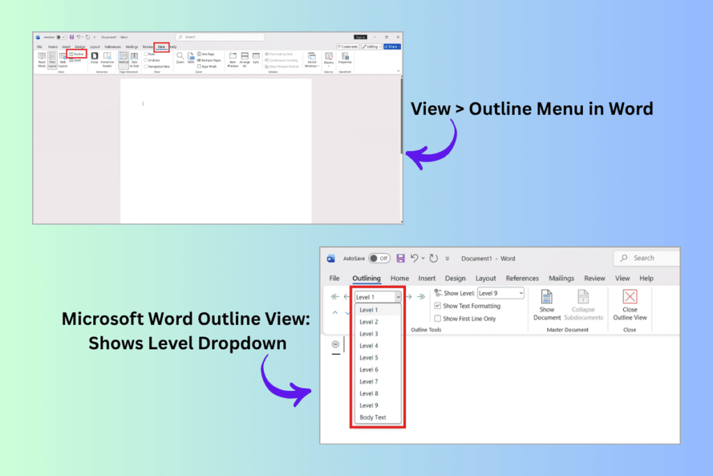 Microsoft Word Outline View menu showing levels for organizing document headings and content