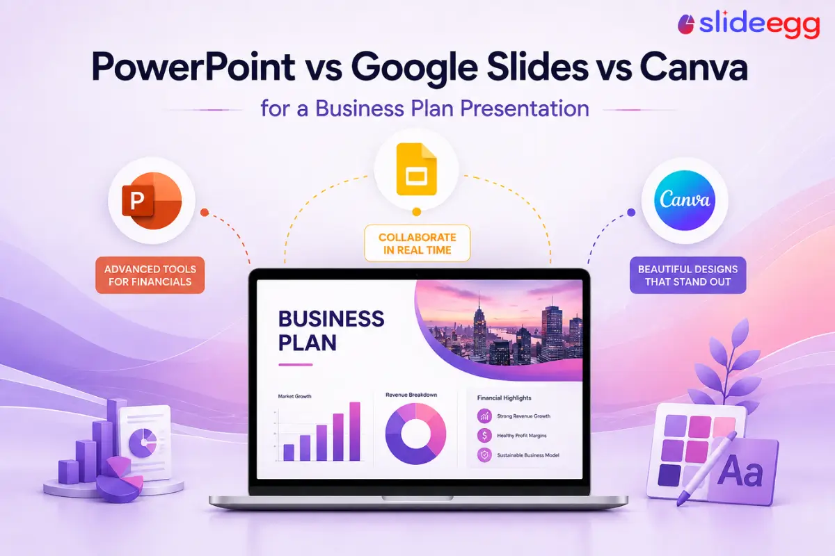 Banner comparing PowerPoint, Google Slides, and Canva with a business plan laptop on purple gradient