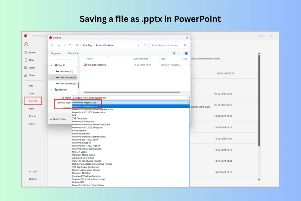 PowerPoint Save As window showing PowerPoint Presentation format selected to save a file as PPTX