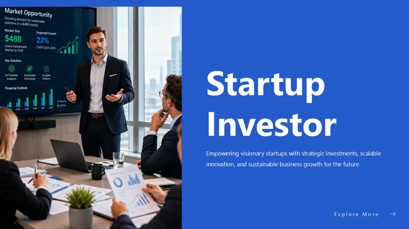 Startup investor presentation template from SlideEgg with market opportunity and growth data