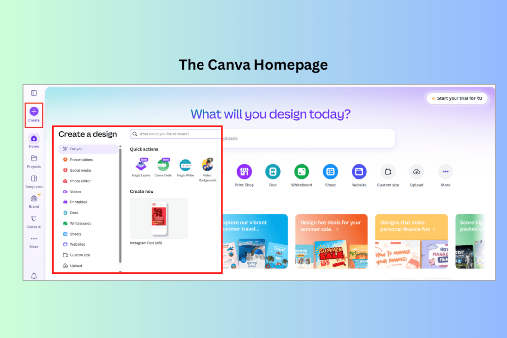 Canva homepage showing the Create a Design menu with presentation, document, and upload options