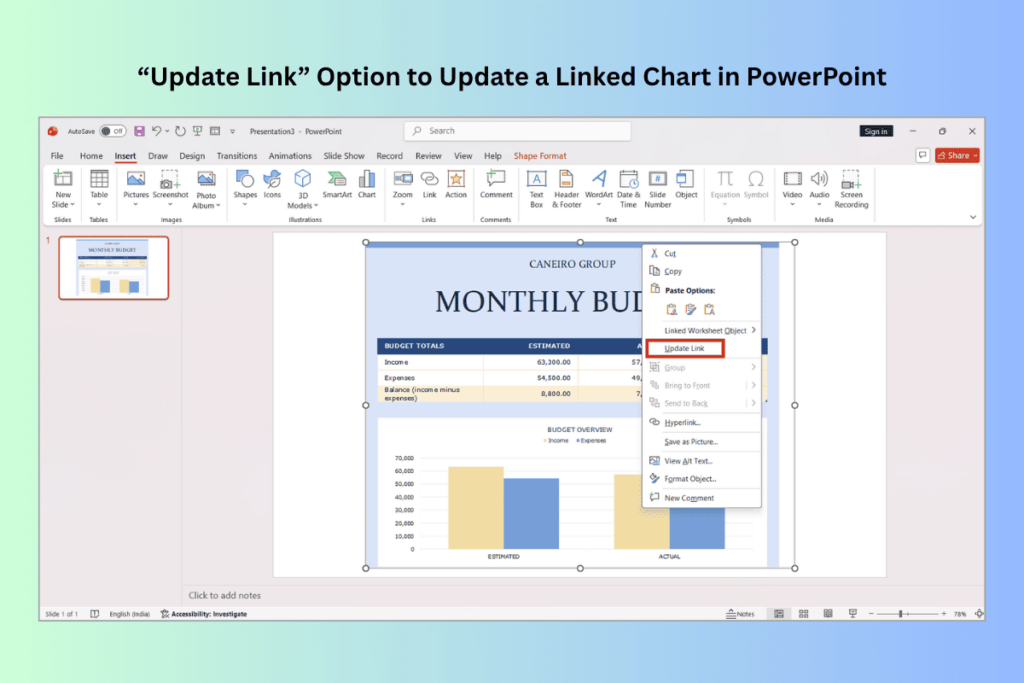 PowerPoint Update Link option used to refresh a chart linked to an Excel worksheet