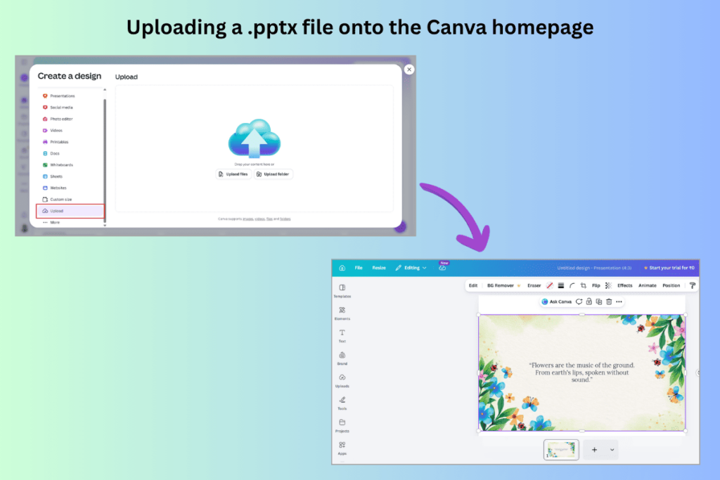 Canva upload screen showing a PPTX file being imported and opened in the presentation editor