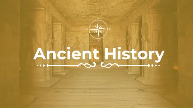 Ancient history presentation template from SlideEgg featuring temple columns, a compass icon, and vintage golden design.