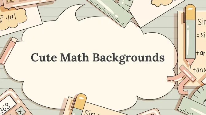 Cute math presentation background from SlideEgg featuring rulers, pencils, calculator, formulas, and school stationery.