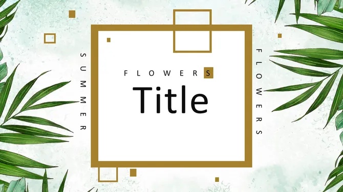 Summer flowers presentation template from SlideEgg featuring tropical green leaves and a clean gold geometric frame.