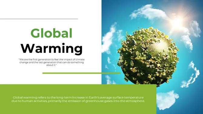 Global warming presentation template from SlideEgg featuring a green Earth, sunlight, clouds, and climate change theme.