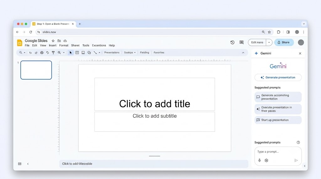 Blank Google Slides presentation open in a browser with the Gemini panel and Generate presentation option visible.