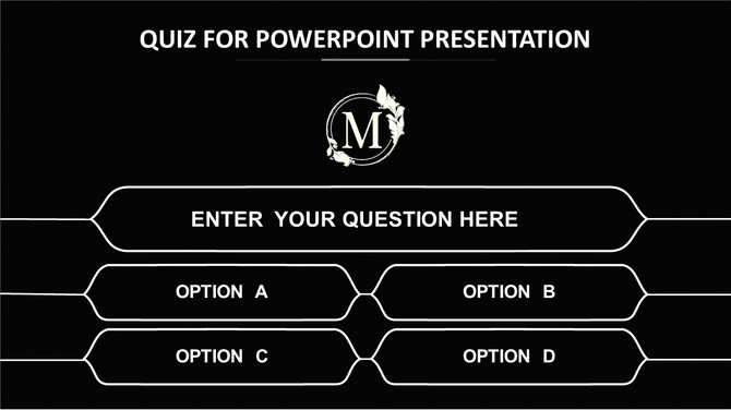 Quiz PowerPoint template with editable multiple-choice questions and answer options for classroom review.