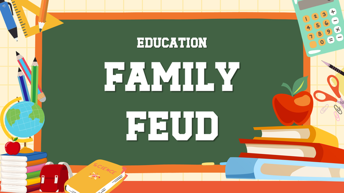 Education Family Feud PowerPoint template with team rounds, questions, answers, and exam revision activities.