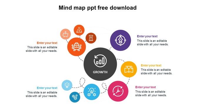 Mind map PowerPoint template connecting themes, ideas, relationships, and examples around a central topic.