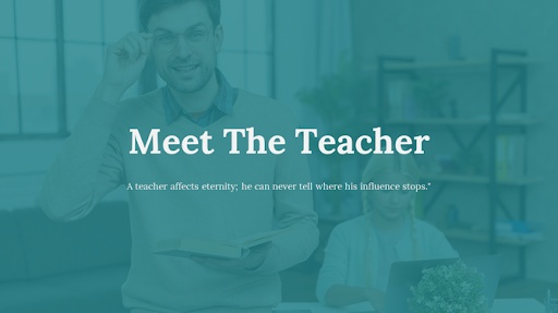Meet the Teacher PowerPoint template with educator background, class expectations, contact details, and dates.