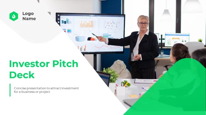 Investor pitch deck cover with a businesswoman presenting financial charts to investors during a team meeting.