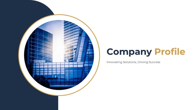 Company profile presentation cover featuring modern office buildings with a clean blue, white, and gold design.