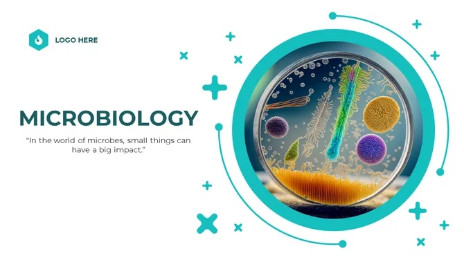 Microbiology presentation template from SlideEgg featuring bacteria, microbes, and microorganisms in a circular science design.