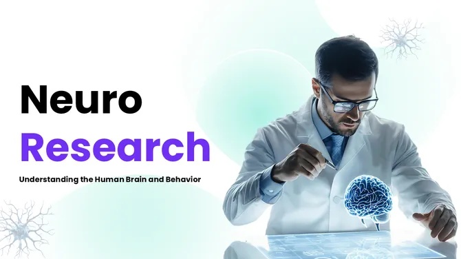 Neuro research presentation template from SlideEgg featuring a scientist studying the human brain and neural activity.