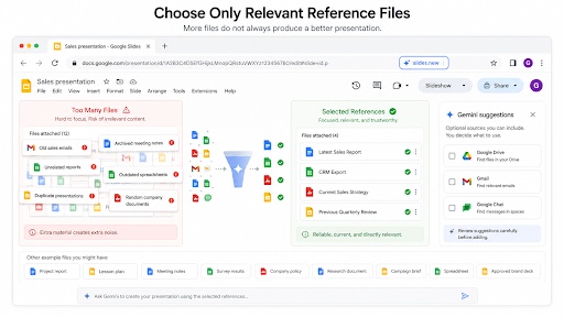Google Slides screen comparing too many files with selected relevant references for a focused Gemini presentation.