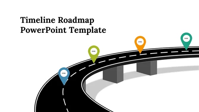 Timeline roadmap presentation template from SlideEgg featuring a curved road with colorful milestone pins for planning.