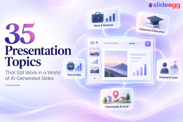 AI presentation topics banner with 35 ideas, AI slide dashboard and category cards